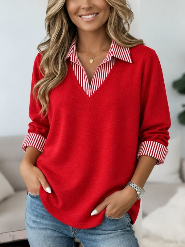 Striped Collar V-Neck Brushed Tunic Top