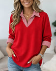 Striped Collar V-Neck Brushed Tunic Top