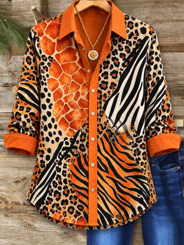 Mixed Animal Print Button-Up Tunic Shirt