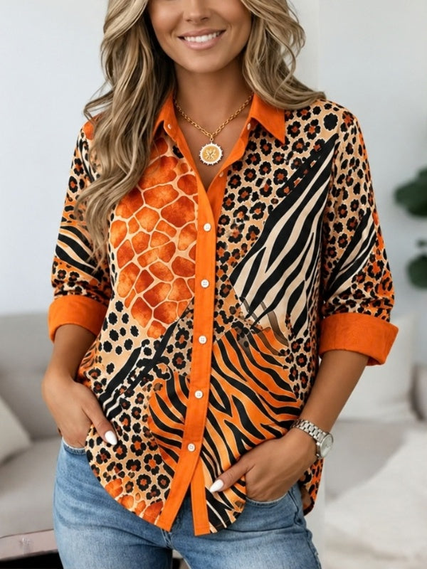 Mixed Animal Print Button-Up Tunic Shirt