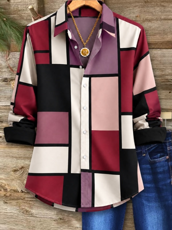 Geometric Color Block Button-Up Shirt