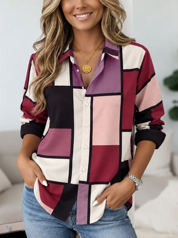 Geometric Color Block Button-Up Shirt