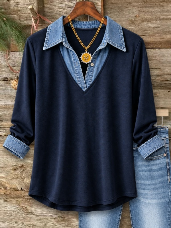 Denim Collar V-Neck Brushed Tunic Top