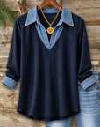 Denim Collar V-Neck Brushed Tunic Top