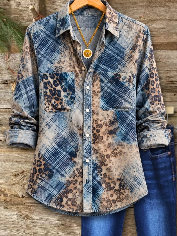 Plaid Animal Print Patchwork Button-Up Shirt