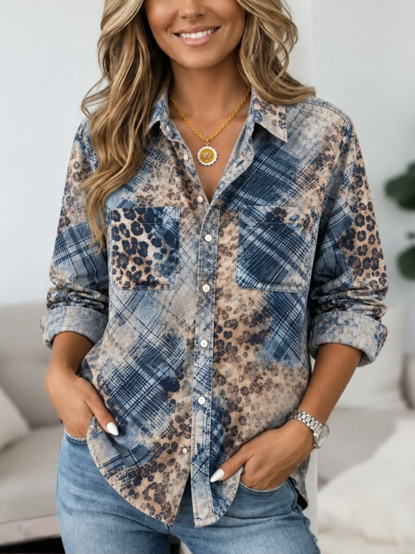 Plaid Animal Print Patchwork Button-Up Shirt