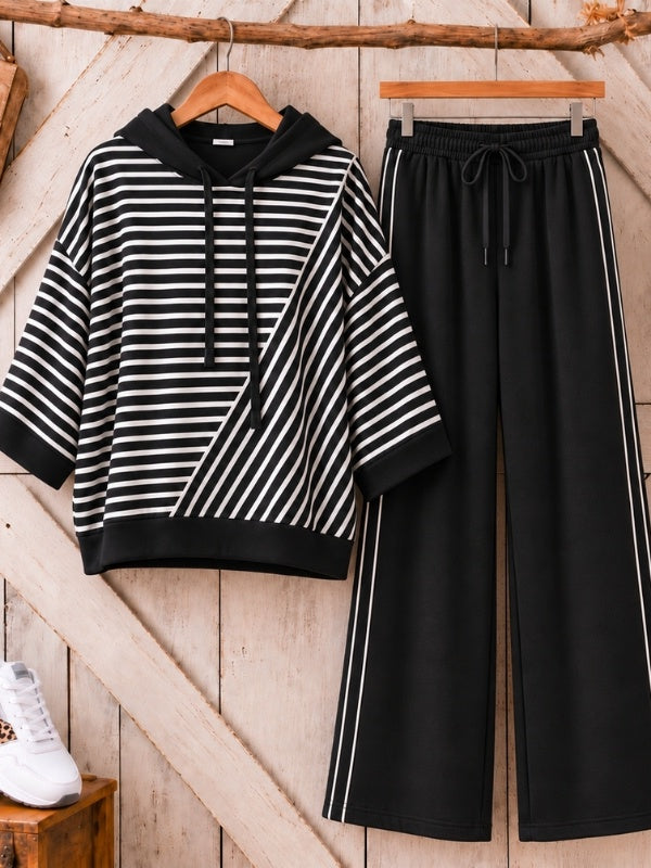 Striped Patchwork Fleece-Lined Hoodie Set