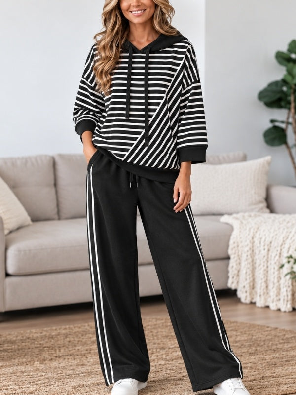 Striped Patchwork Fleece-Lined Hoodie Set