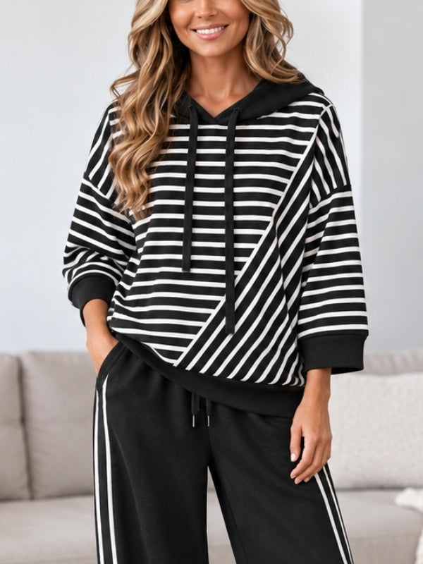 Striped Patchwork Fleece-Lined Hoodie Set