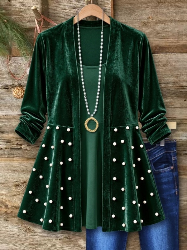 Pearl Embellished Velvet Open Cardigan