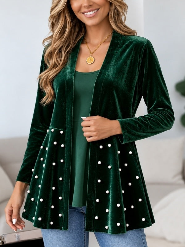 Pearl Embellished Velvet Open Cardigan
