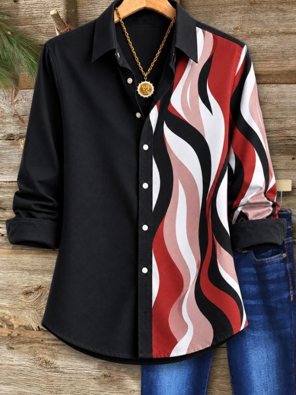 Abstract Print Color Block Button Shirt