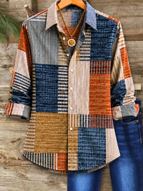 Geometric Patchwork Roll Sleeve Shirt