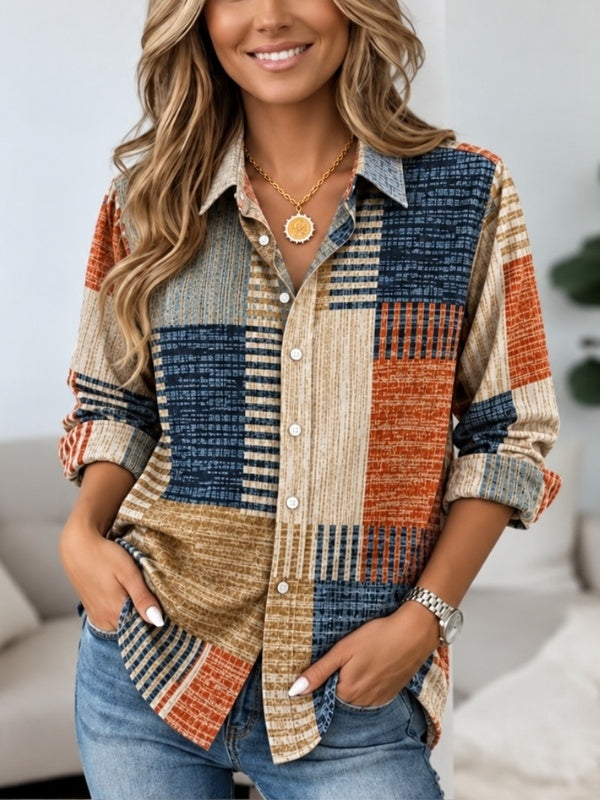Geometric Patchwork Roll Sleeve Shirt