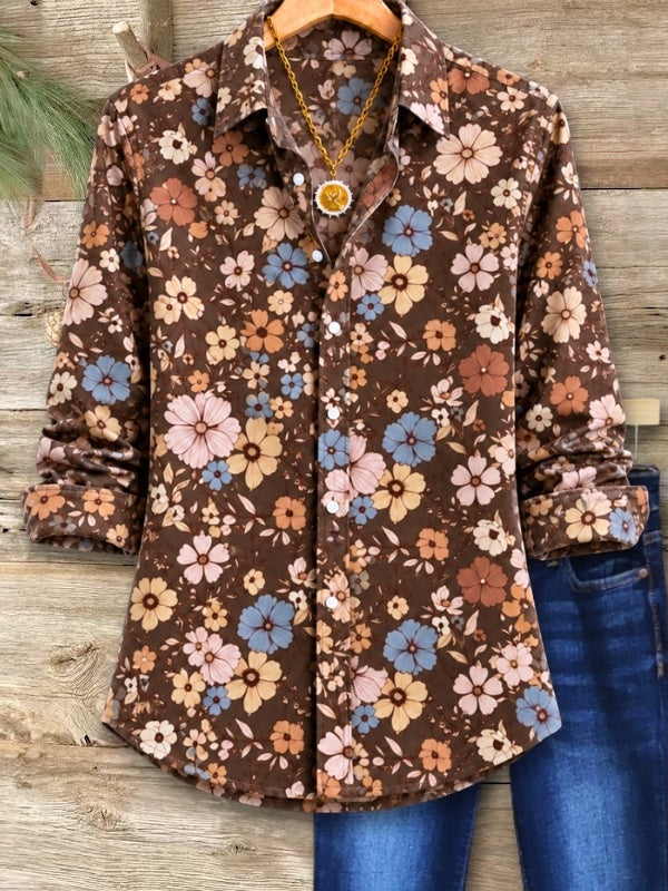 Vintage Floral Print Roll Sleeve Shirt
