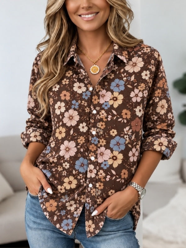 Vintage Floral Print Roll Sleeve Shirt