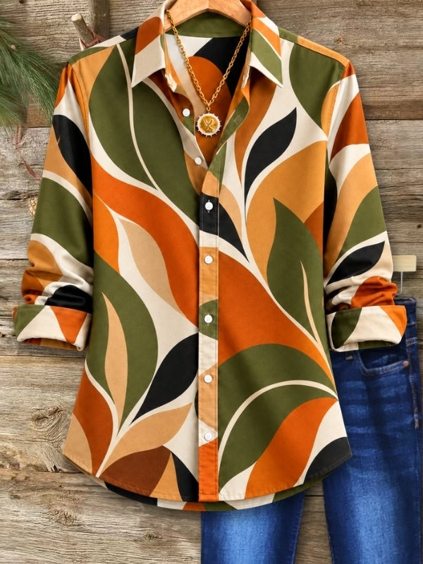 Retro Leaf Print Roll Sleeve Shirt