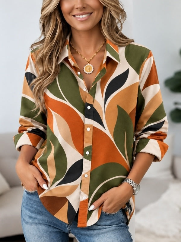 Retro Leaf Print Roll Sleeve Shirt