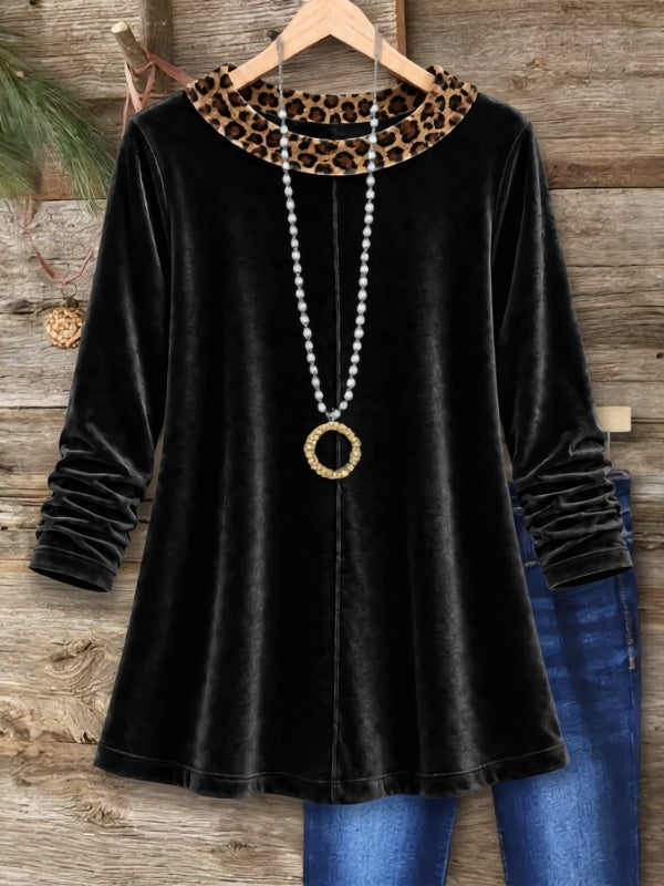 Leopard Print Collar Velvet Tunic