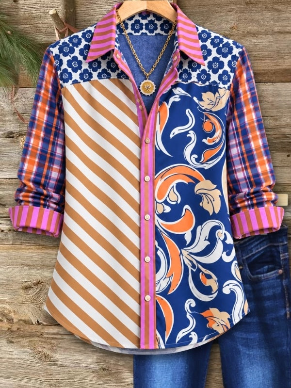 Mixed Print Patchwork Button Down Shirt