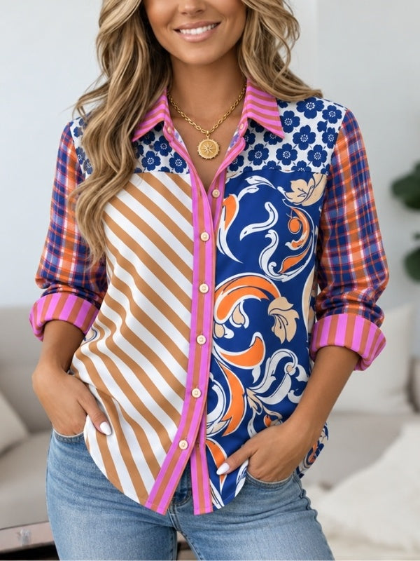 Mixed Print Patchwork Button Down Shirt