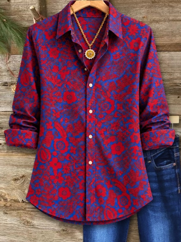 Red Blue Floral Print Button Down Shirt