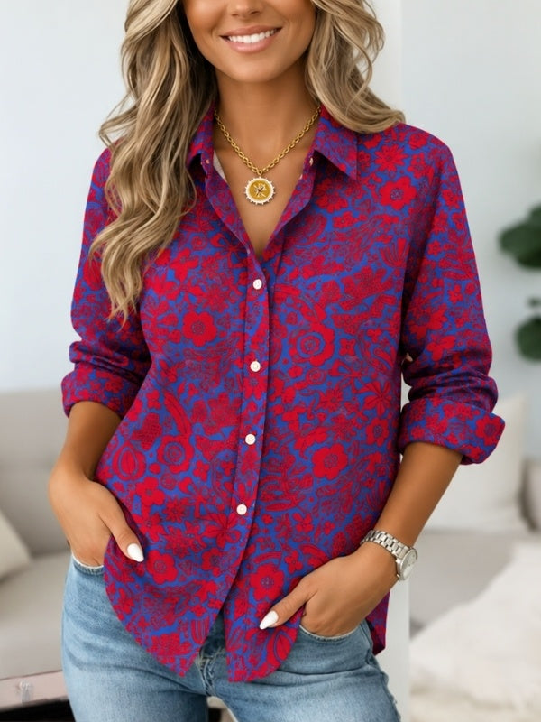 Red Blue Floral Print Button Down Shirt