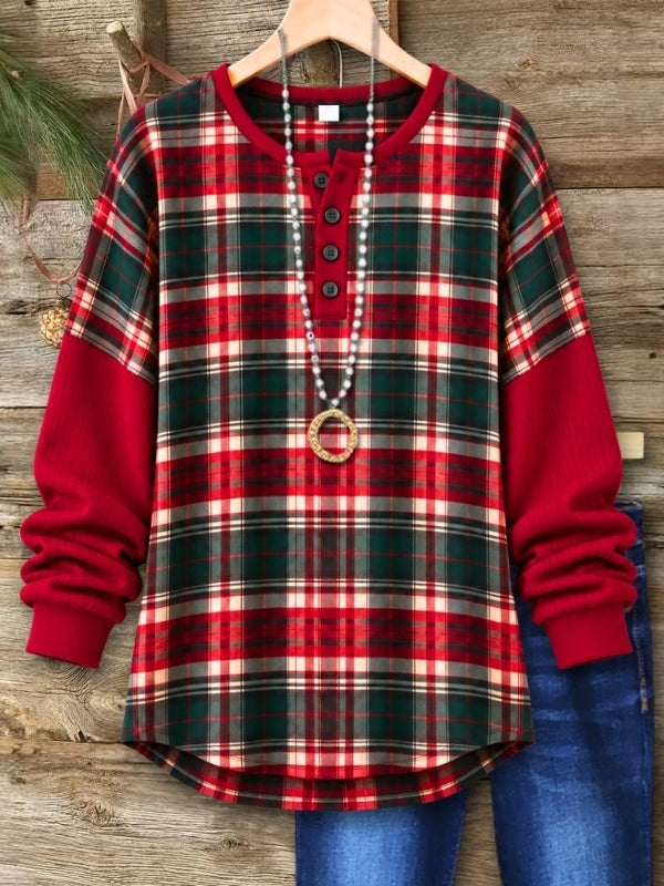 Plaid Patchwork Ribbed Sleeve Henley Tunic
