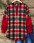 Plaid Patchwork Ribbed Sleeve Henley Tunic
