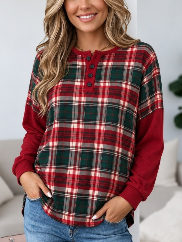 Plaid Patchwork Ribbed Sleeve Henley Tunic