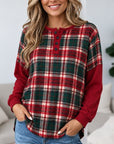 Plaid Patchwork Ribbed Sleeve Henley Tunic