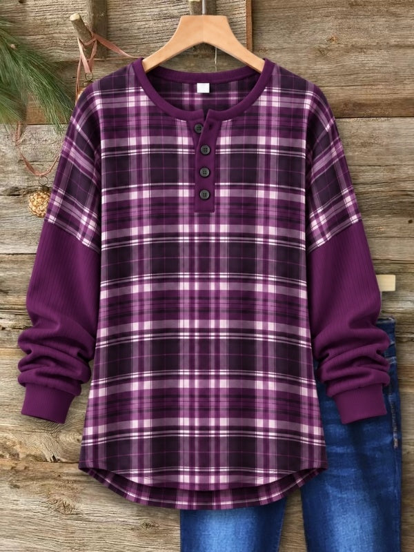 Purple Plaid Ribbed Sleeve Henley Tunic