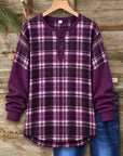 Purple Plaid Ribbed Sleeve Henley Tunic