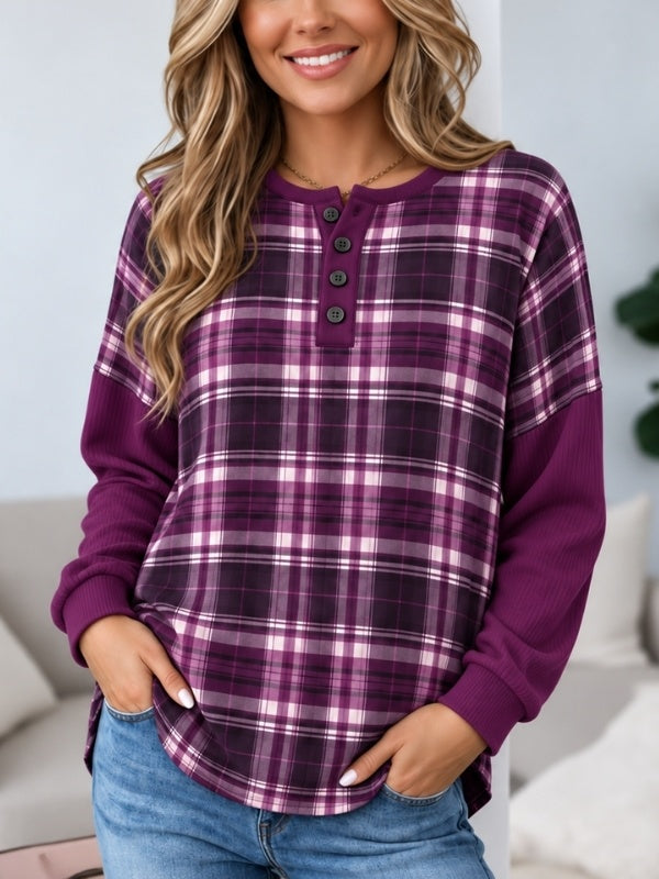 Purple Plaid Ribbed Sleeve Henley Tunic