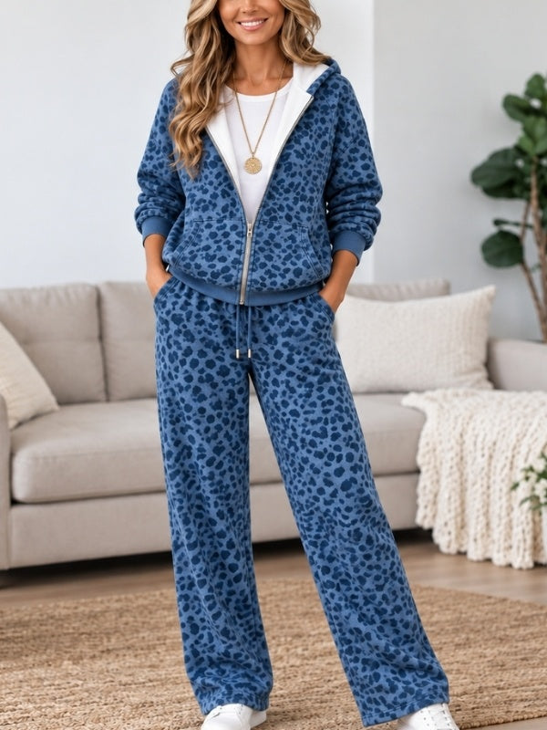 Blue Leopard Print Zip Up Hoodie Set