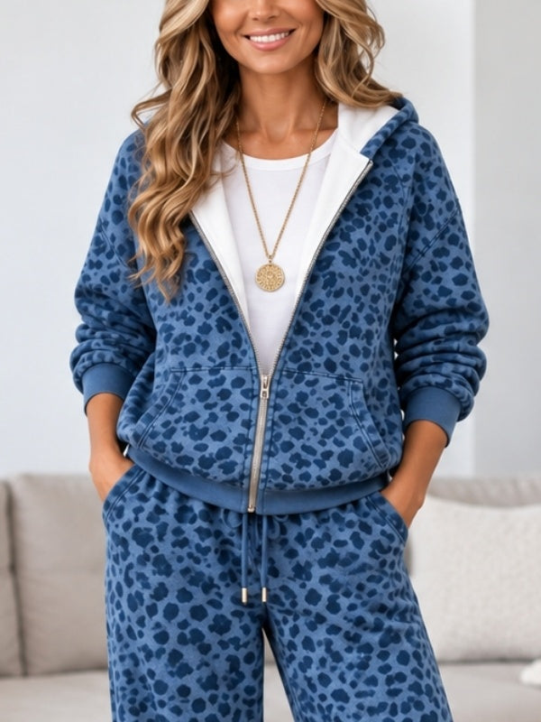 Blue Leopard Print Zip Up Hoodie Set