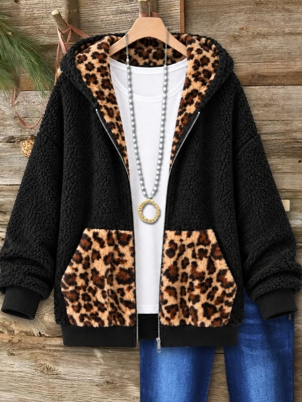 Leopard Print Sherpa Zip Up Hoodie