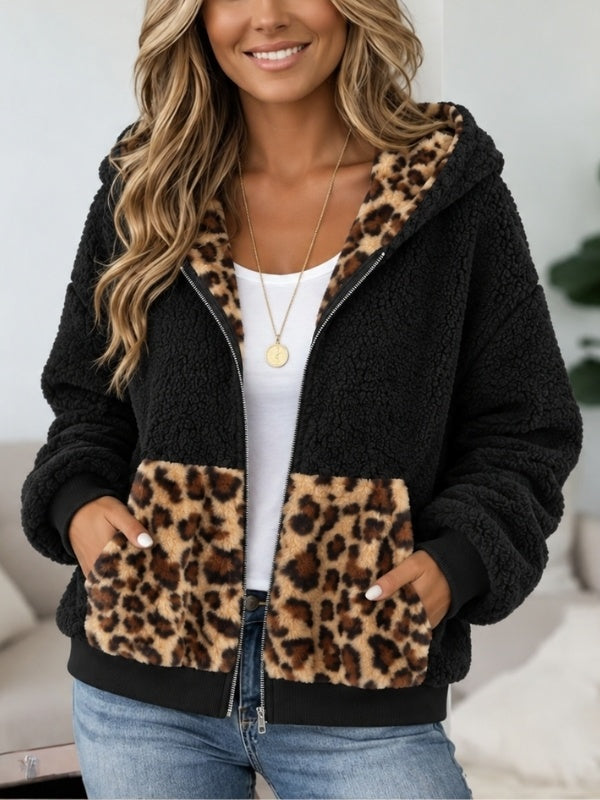 Leopard Print Sherpa Zip Up Hoodie