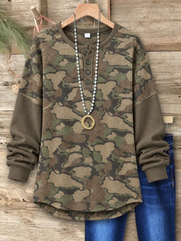 Camo Print Ribbed Sleeve Henley Tunic