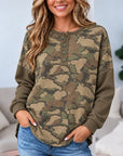 Camo Print Ribbed Sleeve Henley Tunic