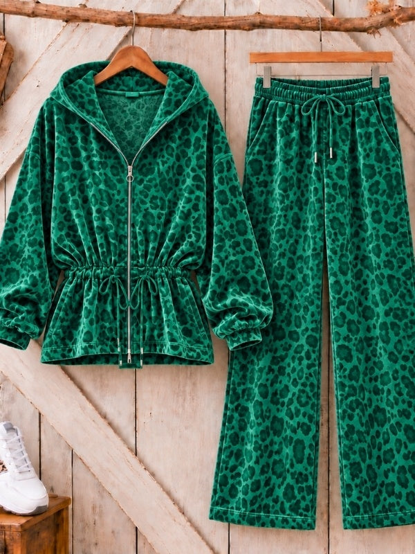 Leopard Print Velvet Hooded Two Piece Set