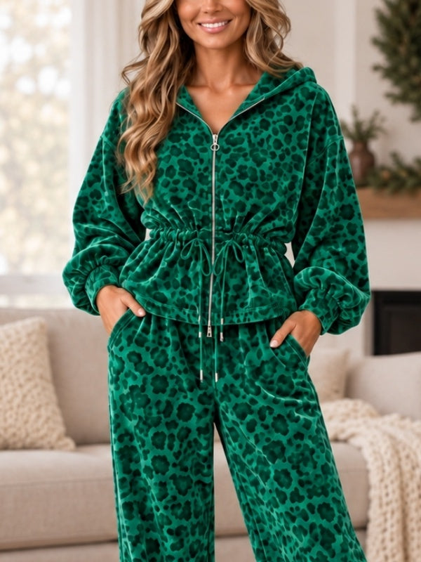 Leopard Print Velvet Hooded Two Piece Set