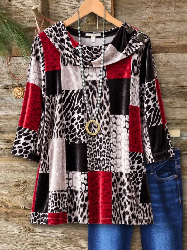 Leopard Patchwork Cowl Neck Tunic