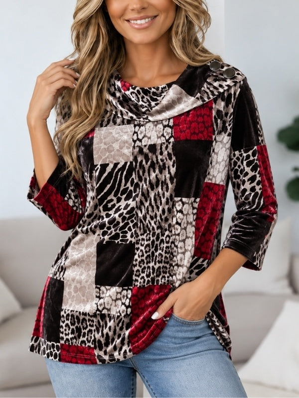 Leopard Patchwork Cowl Neck Tunic