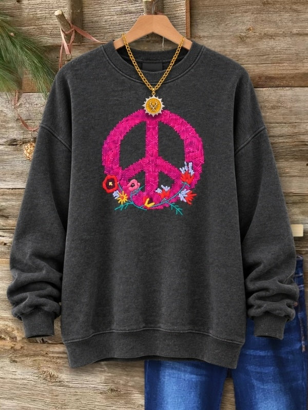 Peace Sign Floral Embroidery Fleece Sweatshirt