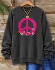 Peace Sign Floral Embroidery Fleece Sweatshirt