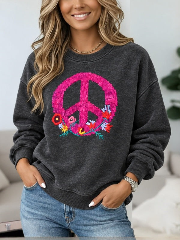 Peace Sign Floral Embroidery Fleece Sweatshirt