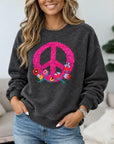 Peace Sign Floral Embroidery Fleece Sweatshirt