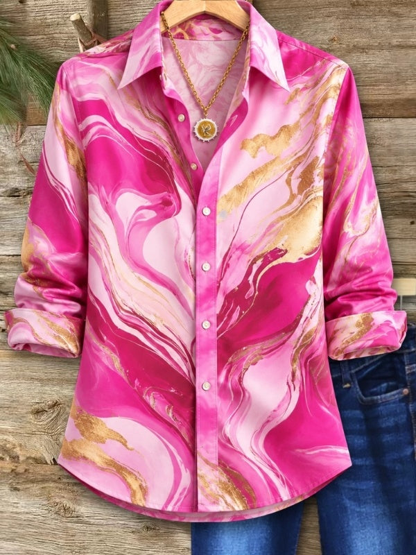 Pink Marble Print Button Down Tunic Shirt