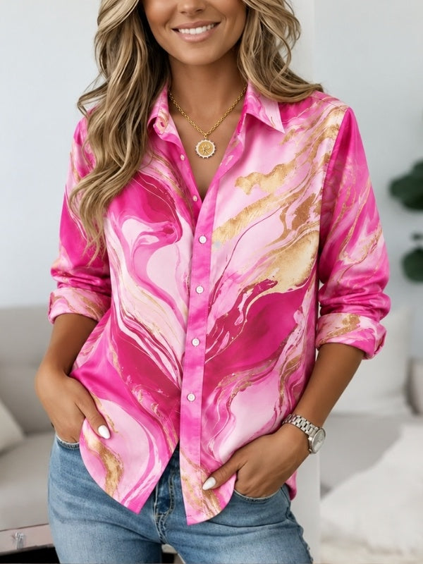 Pink Marble Print Button Down Tunic Shirt